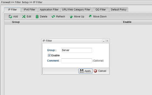 a screenshot of Vigor3900 IP Filter Group setup